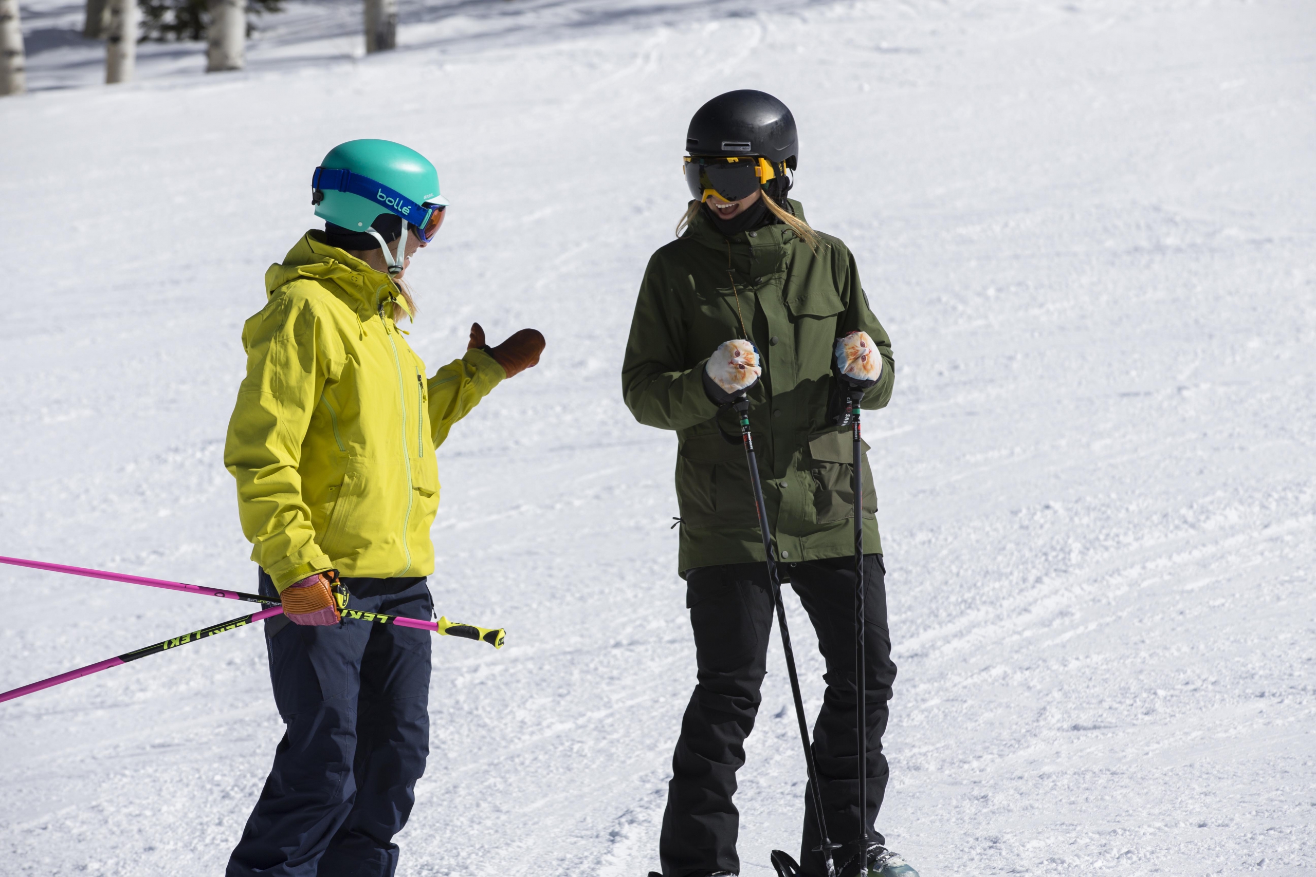 Ski instructor Robin Barnes talks to her student on the slope