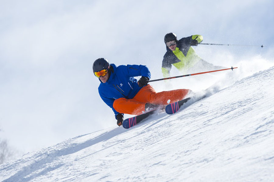 Two alpine skiers using Salomon equipment demonstrate high-performance skiing