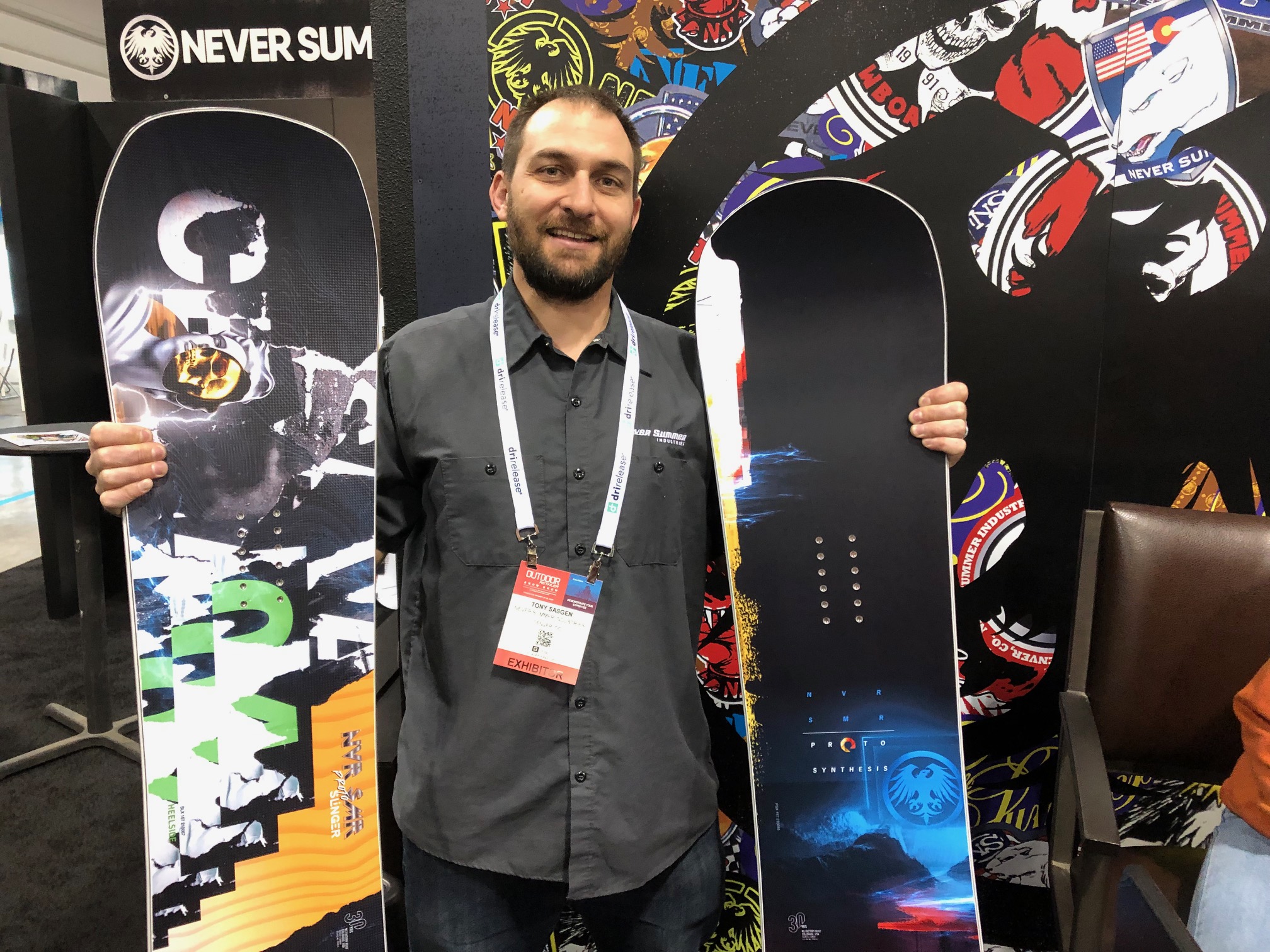 At the 2020 Outdoor Retailer Snow Show, Never Summer's Tony Sasgen shows off the company's WooBoo and Proto Slinger Freestyle AsymTwin snowboards