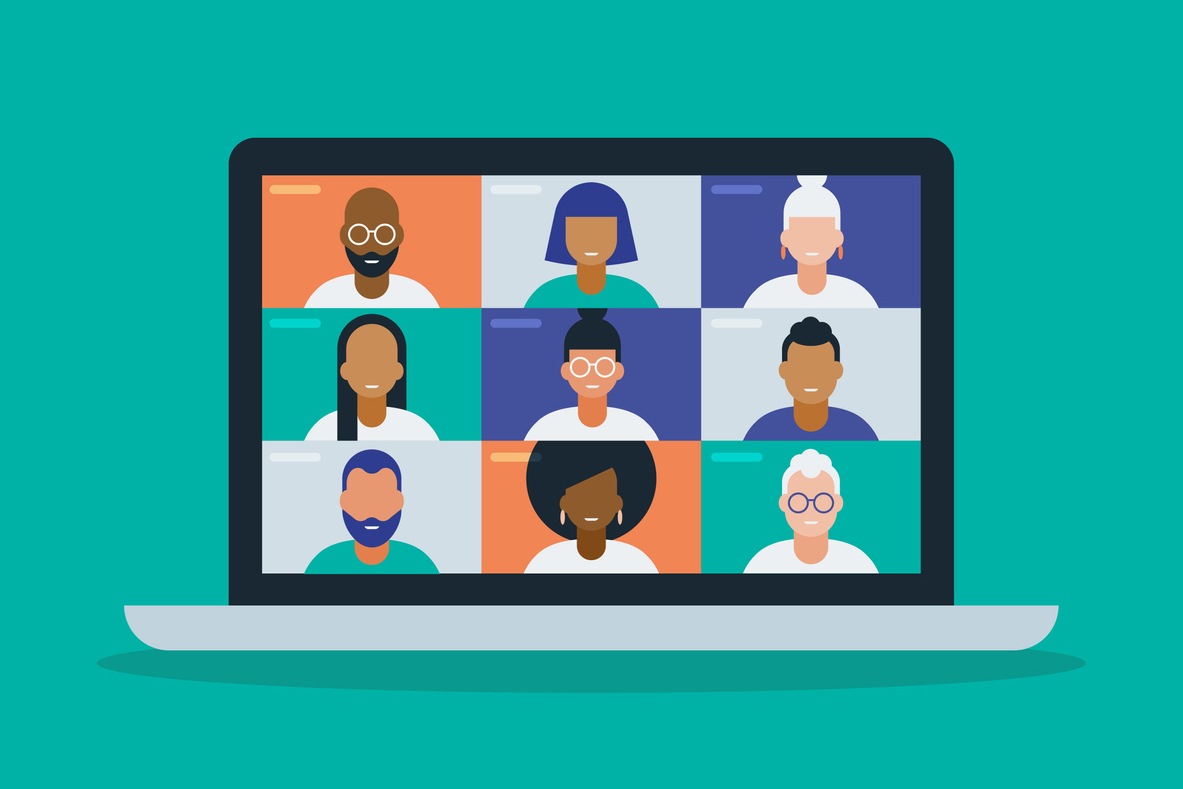 Illustration of a diverse group of friends or colleagues in a video conference on laptop computer screen
