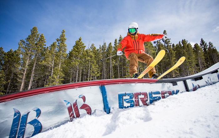 Ben Potts slides a rail on his Faction skis at the Breckenridge terrain park.