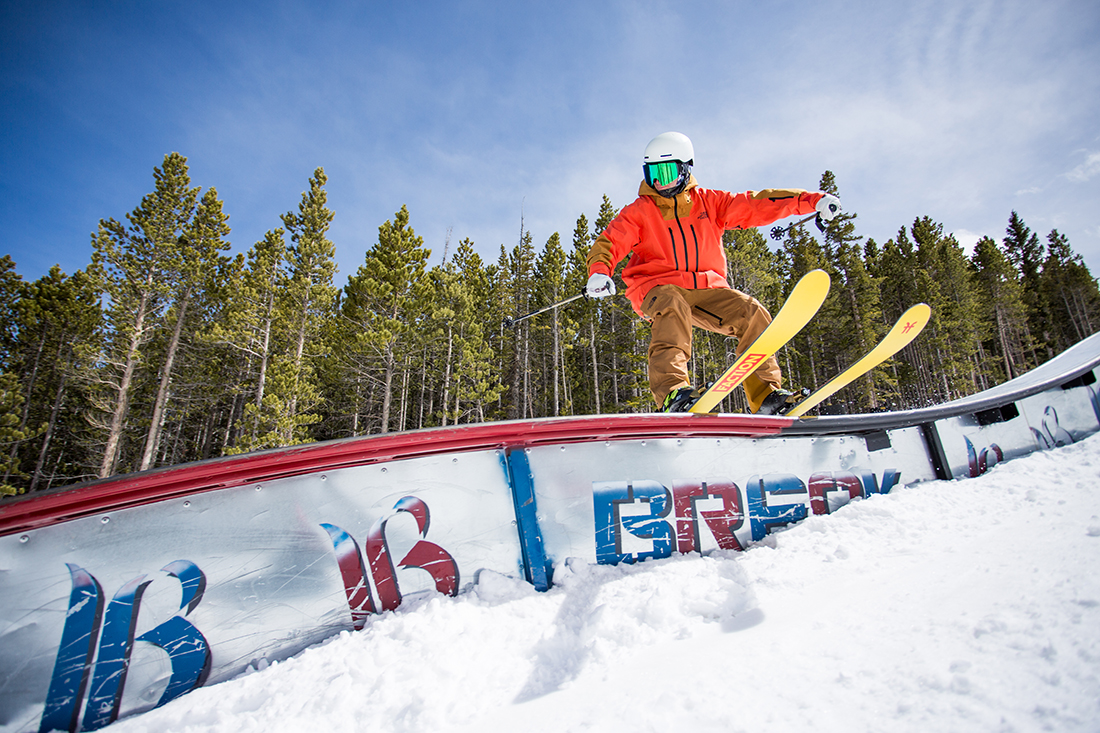 Ben Potts slides a rail on his Faction skis at the Breckenridge terrain park.