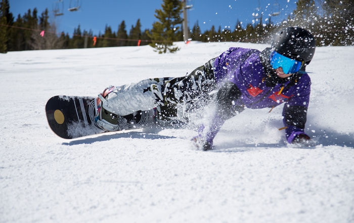 Stephanie Wilkerson does a hero carve on her snowboard