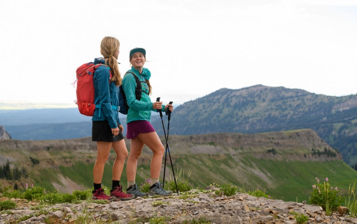 Two women hike in scarpa hiking boots on the trail