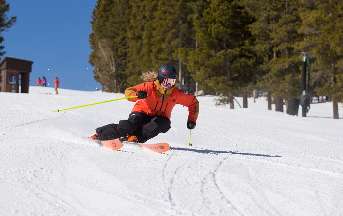 Ski instructor Brenna Kelleher skis