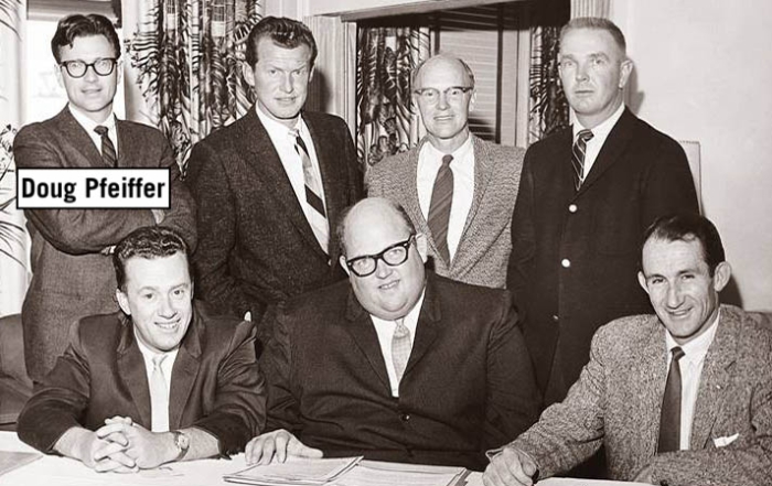 Doug Pfeiffer (far left) poses with Curt Chase, Max Dercum, Jimmy Johnston, Bill Lash, Don Rhinehart, and Paul Valar – voted to create the Professional Ski Instructors of America on a warm day in May 1961 at Big Mountain in Whitefish, Montana.