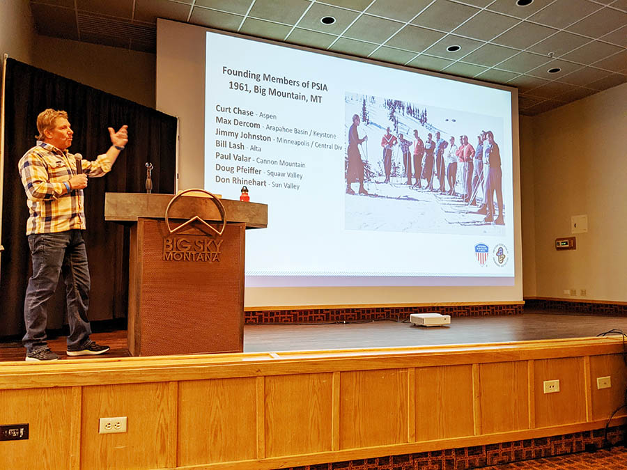 At National Academy 2022,PSIA-AASI National Team Coach Jeb Boyd gives presentation honoring the association's 60th anniversary.