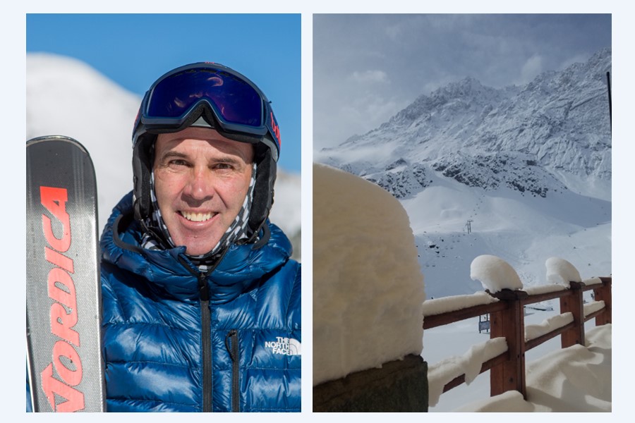 Side-by-side portrait of PSIA Alpine Team coach Michael Rogan and snowy scene at Portillo, Chile.