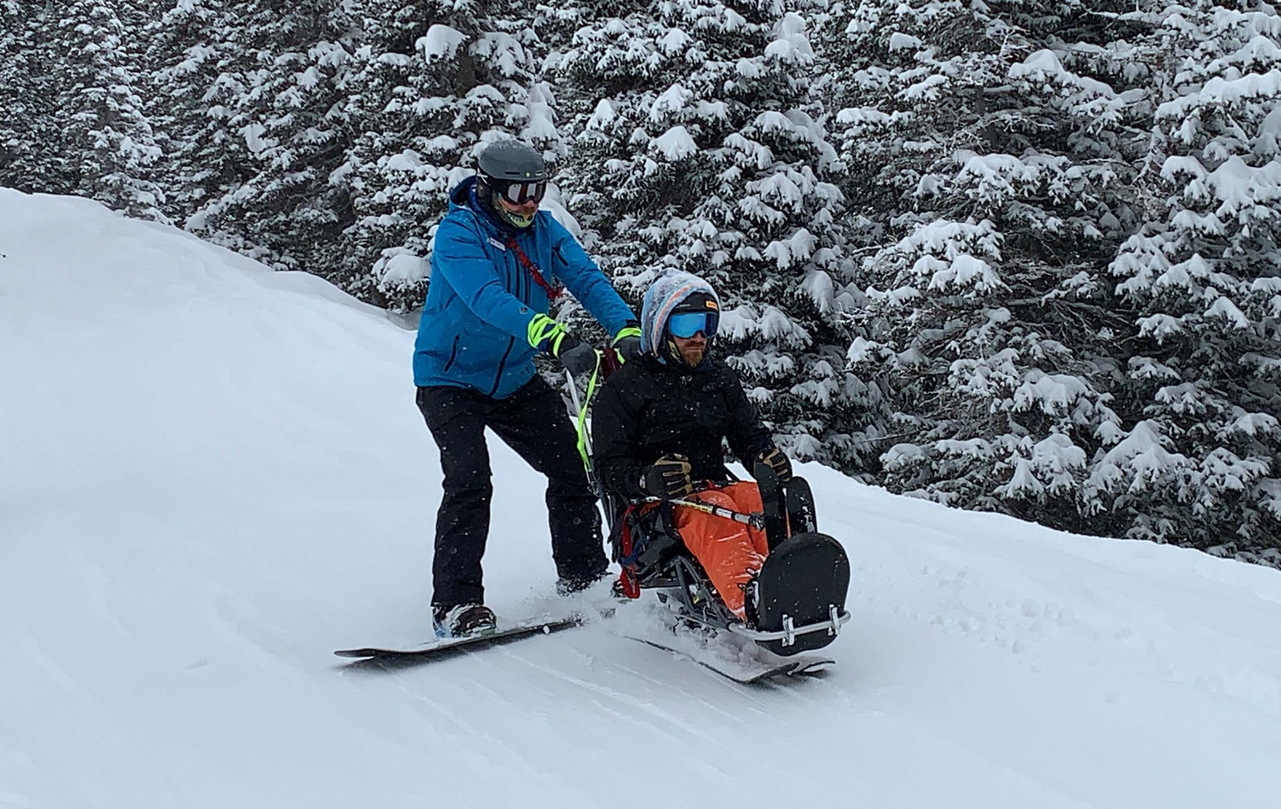 PSIA-AASI member Trevor Hildebrand at his Adaptive Snowboard Level III exam