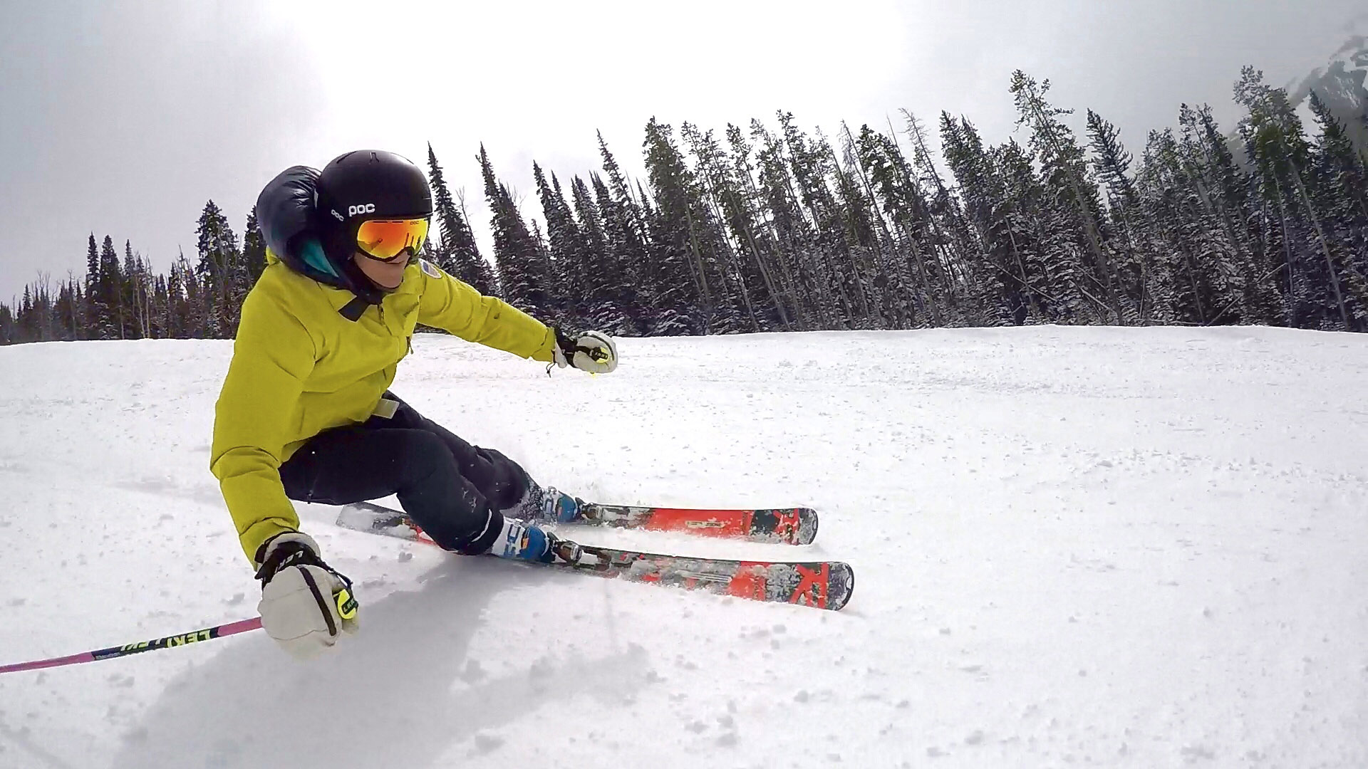 PSIA-AASI National Team member Ann Schorling regulates the pressure she applies to her skis to adjust to snow conditions and terrain.