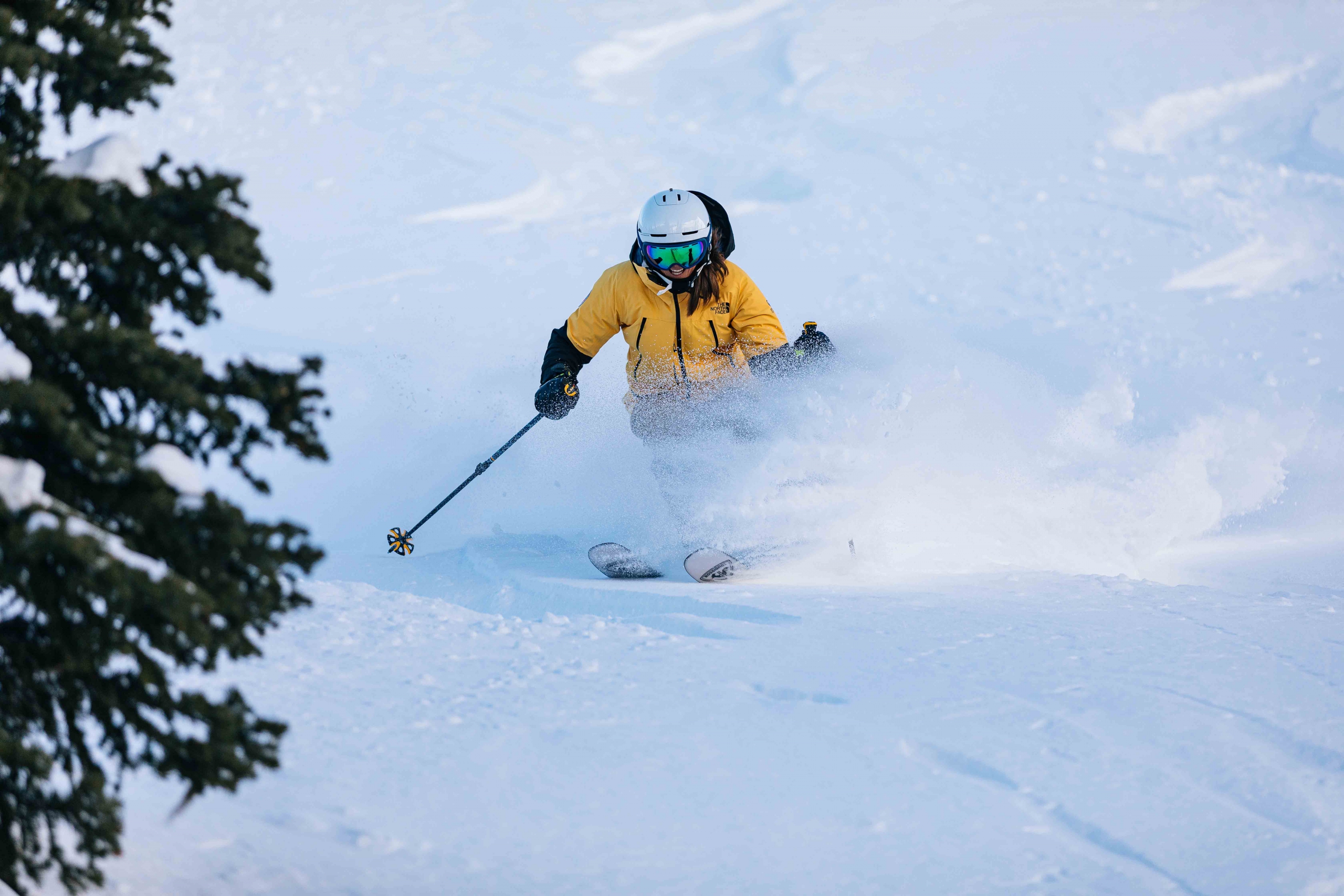 PSIA ski instructor Ann Schorling skis powder