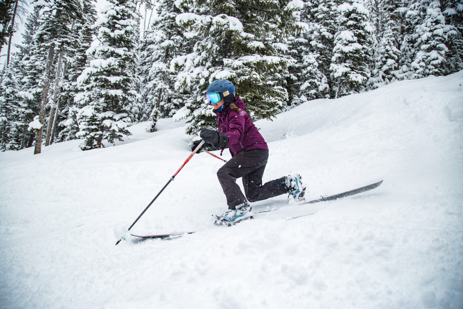 female telemark skier in powder