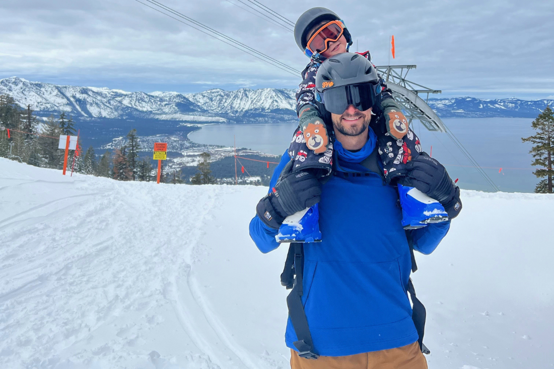 Ryan Carr with his toddler on his shoulders